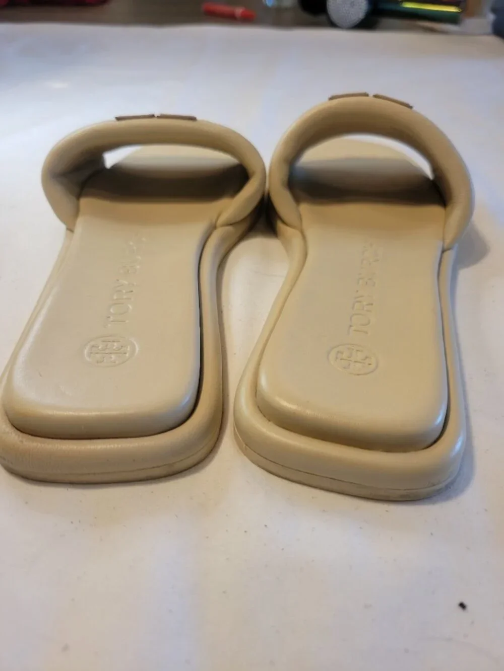 Tory Burch Double T Leather Slide Sandals Cream Beige Gold Logo Size 7